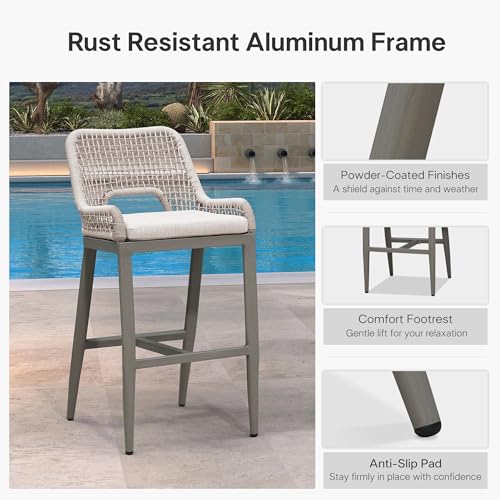 Image of PURPLE LEAF Bar Stool 1 Piece Bar Height Metal Chair with Back Modern Tall Comfy Wicker Woven Boho Garden Pool Patio Outdoor Barstool, Light Grey