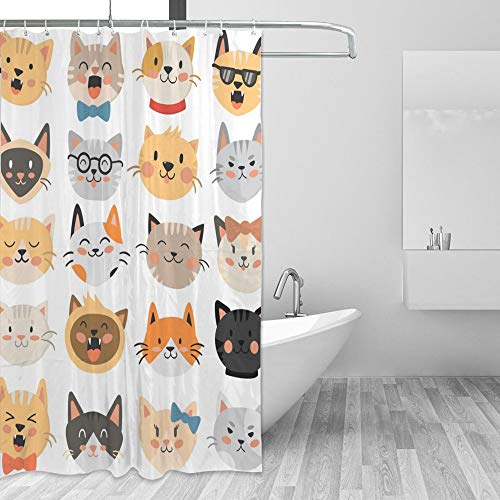 Rideau de douche en polyester résistant motif chat avec crochets robustes