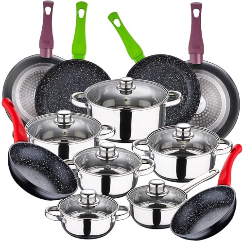 Bateria de cocina 12 piezas SAN IGNACIO Cassel, acero inoxidable, con juego sartenes (18/20/22/24/26 cm) SAN IGNACIO Jolie en aluminio forjado