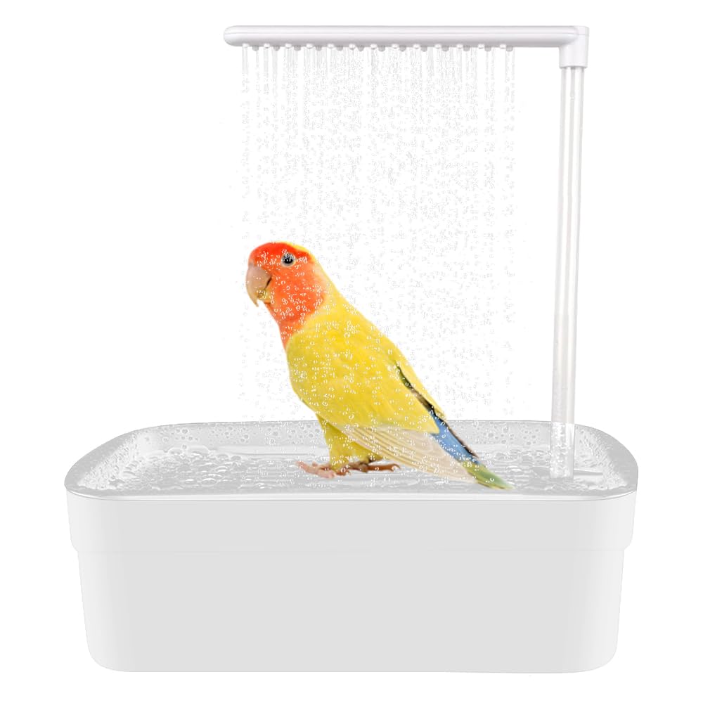 LUFEIS Bird Bath, Automatic Water Circulation with Multiple Water Outlets, Parrot Shower Bath, USB Electric Birds Shower Bathing Tub for Parakeet, Cockatiel, Parrot & Small Medium Birds (White)