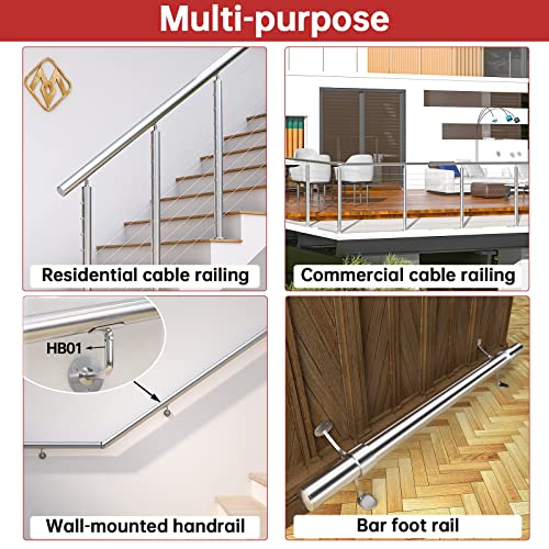 Muzata 6'6" Stainless Steel Round Handrail Brushed 2"OD Cable Railing