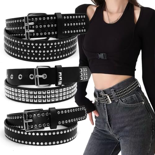 3 Pcs Studded Belt, Y2K Goth Punk Rock Gothic Belt, Black, Size 33-38 inch, Unisex-Adults2