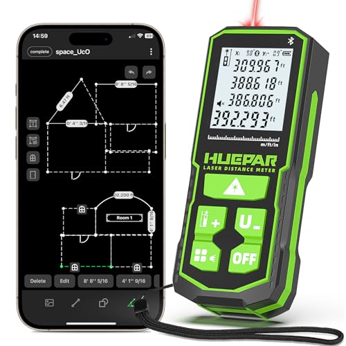 Huepar Laser Distance Measure 395Ft. Digital Rechargeable Laser Measuring Tool with Bluetooth -Phone APP, Angle Sensor, 1/16in Accuracy, M/in/Ft Unit, Pythagorean Mode, Measure Distance, Area, Volume