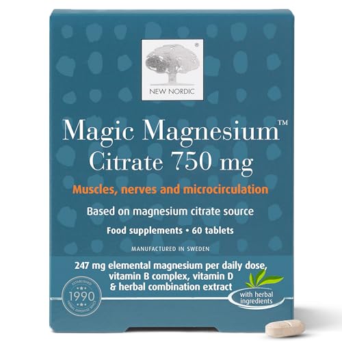 New Nordic Magnesium Citrate - 750 mg Extra Strength - Muscle & Sleep Support for Women & Men - Vitamin B Complex & Vitamin D - 60 Tablets