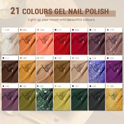VANREESA Gel Nail Polish Set, 21 Colours Gel Nail Kit with 36W U V Lamp Brown Red Purple Green U V Nails Polish Starter Kit with Base Top Coat Manicure Salon Set DIY at Home Gifts for Women - Image 3