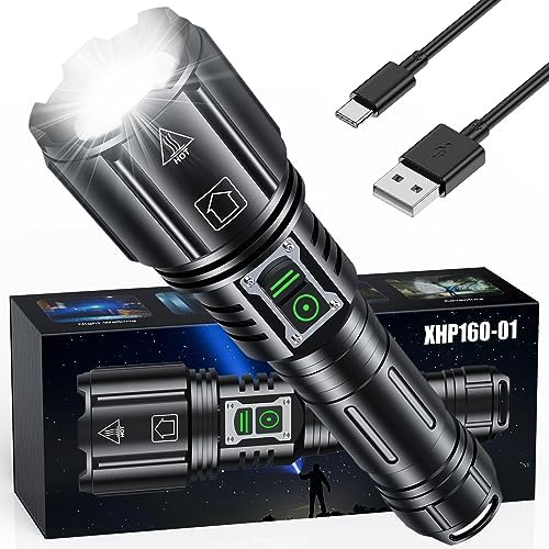 Gehavin Rechargeable LED Flashlight,200000 Lumens Super Bright XHP160 Flashlight with 6 Modes, Waterproof, Zoomable, Fast Charging,Ideal for Camping and Emergencies