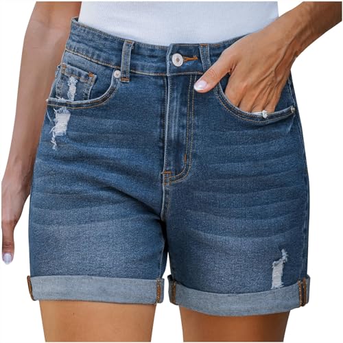 Pantalones Cortos Vaqueros para Mujer Casual Rotos Tiro Alto Efecto Desgastado Dobladillo Enrollado Verano Algodon Shorts Pantalón de Cintura Alta Deportivo Trekking Jeans Shorts Armario Cápsula