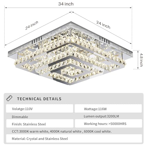 34" Large Crystal Chandelier with Remote/APP Control, 3 Color Temperature Light Fixture & Brightness Adjustable, Modern Flush Mount LED Ceiling Light Fixture for LivingRoom Kitchen Hallway Dining Room by Miuyhji - Used condition - Image 2