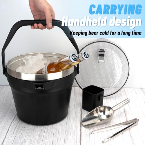 Cubo de hielo de acero inoxidable de 256 oz con tapa y cuchara para fiestas 6