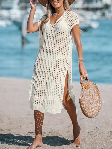 CUPSHE Women's Crochet Swim Suit Coverup Cap Sleeve Knit Loose Beach Cover Ups Side Split Midi Dress3