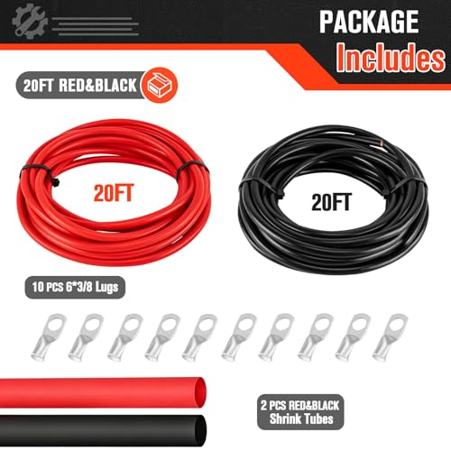 Image of 6 Gauge Wire 6 Awg Wires 20 FT Black + 20 FT Red, 6 Gauge Battery Cable 6awg Marine Wires, 6awg Copper Wire Welding Cable Standard with Cable Lugs Terminal Connectors and Heat Shrink Tube