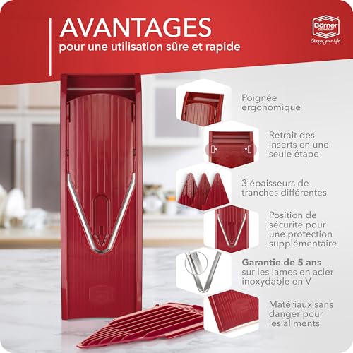 Mandoline Börner V1 ClassicLine rouge avec inserts et poussoir - 7