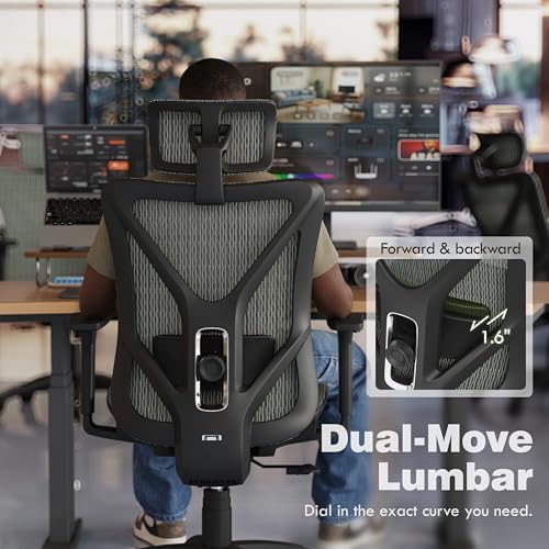 Image of ELABEST T23 Ergonomic Mesh Office Chair, High Back Computer Desk Chair, Breathable AirMesh with Dual-Move Lumbar Support, 3D Armrests & Headrest, Tilt Lock, Big and Tall for Home Office((Eucalyptus)