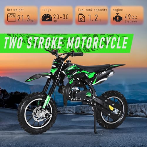 Image of 50CC Kid Dirt Bike, Gas Powered Mini Motorcycle for Kids 8-14 | Up to 35 MPH 330LBS Capacity with Front & Rear Disc Brakes, 10-Inch Off-Road Tires, Pull Start for Youth & Adults Green