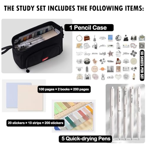 Image of HVOMO Stationery Set,1 large-capacity pencil case,5 quick-drying pens,50 waterproof stickers,2 sticky note pads(200 sheets),1 set of 10-color index labels (200 sheets),Student stationery gift (Black)