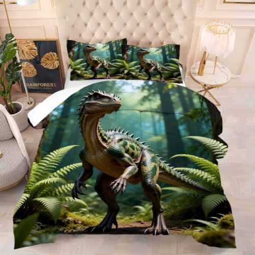 Image of Jungle Dinosaur Comforter Set Full Size Boys Kids Teens Bedding Set | Green Rainforest Forest 3 Piece Bed Sets for Boys Teens, 1 Comforter 2 Pillowcase, Room Decor Soft Microfiber All Season