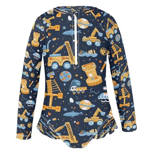 Cartoon Excavator A Girls Long Sleeve Swimsuits One Piece Zipper Bathing Suit UPF 50+ Rashguard Swimwear2