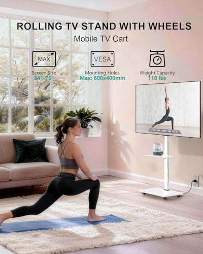 Image of WALI Rolling TV Stand with Power Outlet & AV Shelf, Mobile Tall TV Stand Mount on Wheels for 34-75 inch TV up to 110 lbs, Swivel Height Adjustable TV Cart with Wood Base for Bedroom(TVDVD-6PRW), White