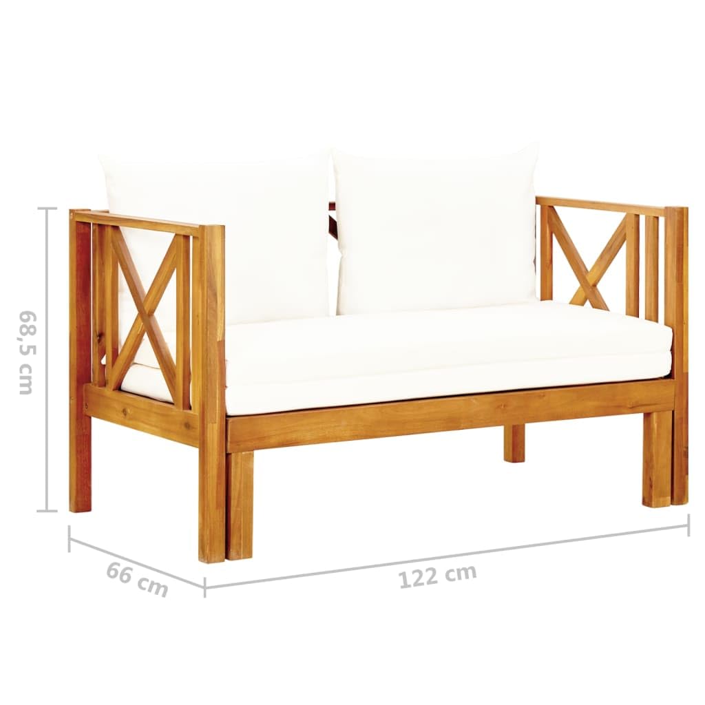 Fengshui Panca da giardino in acacia massiccio, 122 cm, con cuscino | Legno trattato ad olio, multifunzionale come letto da giorno, imbottitura spessa, facile da pulire