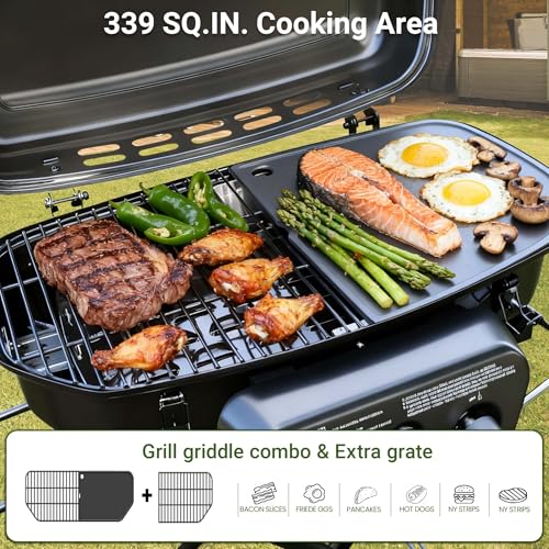 Brand-Man Portable Gas Grill, 2-in-1 Propane Camping Grill & Griddle Porcelain-Enameled with Folding Stand-Up Cart, 18,000 BTU 2-Burner Outdoor BBQ for Family Camping, Tailgating and Patio, Green - Image 3