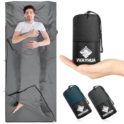 VVAYHUA Sleeping Bag Liner, Ultralight Satin Travel Sheets & Self Tan Sleep Sack with Two Way Zippers, Portable Silky Camping Sheets & Adult Sleep Sack for Hotel Backpacking Business Trips (Grey)