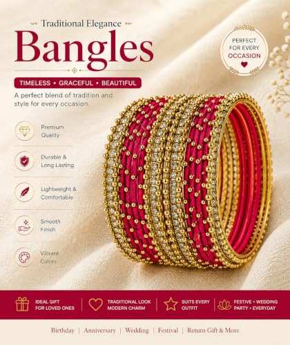 Image of NMII Non-Precious Metal with Base Metal and Zircon Gemstone Studded Ball Chain Linked Glossy Finished Silk thread Bangle set for Women and Girls