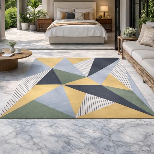 Tapis grand salon moderne géométrique abstrait gris jaune vert 200x250cm - 2