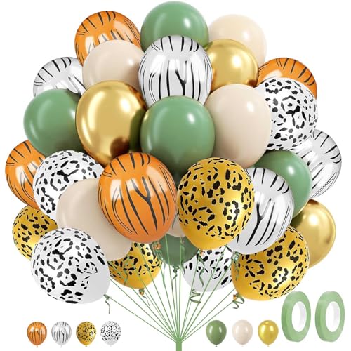 Jungle Safari Balloons Set 60Pcs 12 Inch Sage Green Wild Animal Print Balloons with Metallic Gold Balloons for Theme Birthday Party Event Celebrations Home Decor