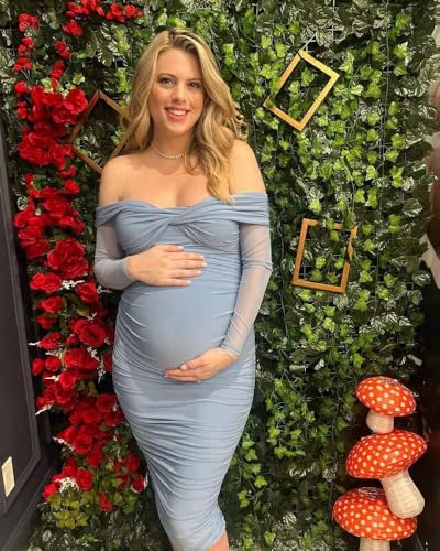 Maxianever Maternity Dresses for Photoshoot Off Shoulder Pleated Satin Baby Shower Dress with Sleeve 20253