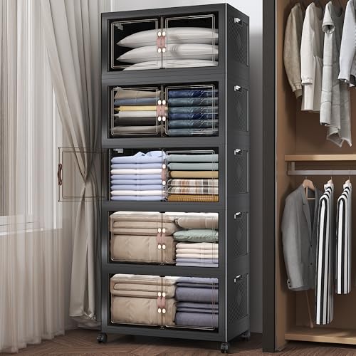 Image of UAMFURI Stackable Storage Bins with Lids, 600QT Closet Organizers and Storage Cabinet with Doors & Wheels, Lockable Plastic Foldable Drawers for Bedroom Dorm Office Garage(120QT*5,Black)