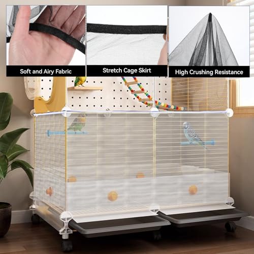 Image of 2Pcs Universal Bird Cage Seed Catcher, Adjustable Bird Cage Netting Seed Catcher, Large Stretchy Bird Cage Cover Skirt, Soft Airy Cage Net Stretchy Skirt for Round Square Cages (White, Black)
