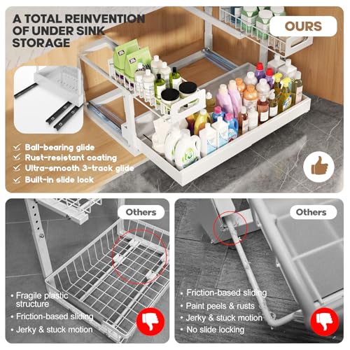 Image of 1 Pack-16 inch-26 inchW Expandable Under Sink Organizer With Upgrade Ball-Bearing Slide,2-Tier Pull Out Under Cabinet Organizer Height Adjustable,Not Suitable For Cabinets With Partitions In The Middle