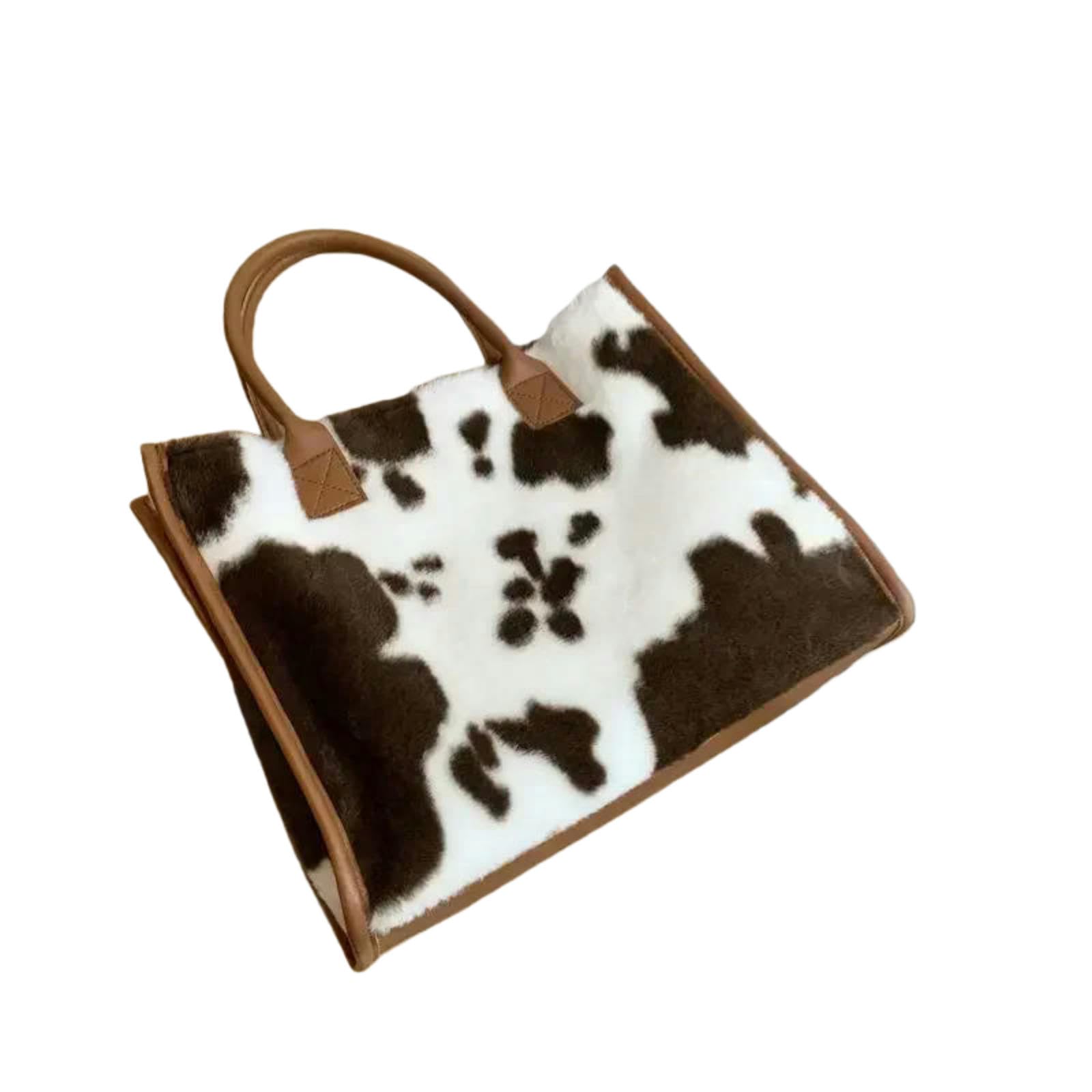 Gyios Bag Women’s Soft Plush Handbag, Winter Leopard Cow Print Pu Leather Furry Shoulder Bag-browncow