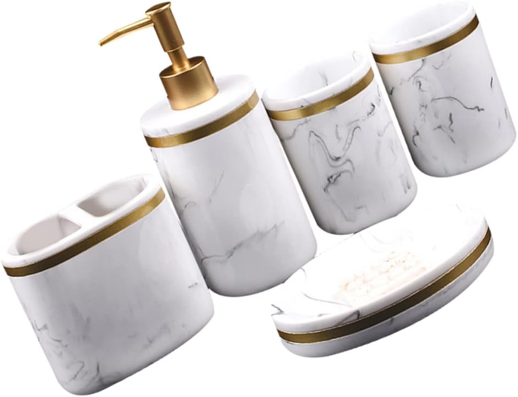 5 Pcs Resin Bathroom Supplies Set Marbling Mouthwash Cups Toothbrush Holder Elegant Design for Home Decor Convenient Liquid Pump Bottles for Soap Lotion Stylish Accessories for Any
