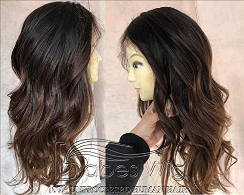 Real Human Hair Ombre Wavy Black to Brown Ombre Glueless Silk Top Lace Front Wigs For White Women Human Hair
