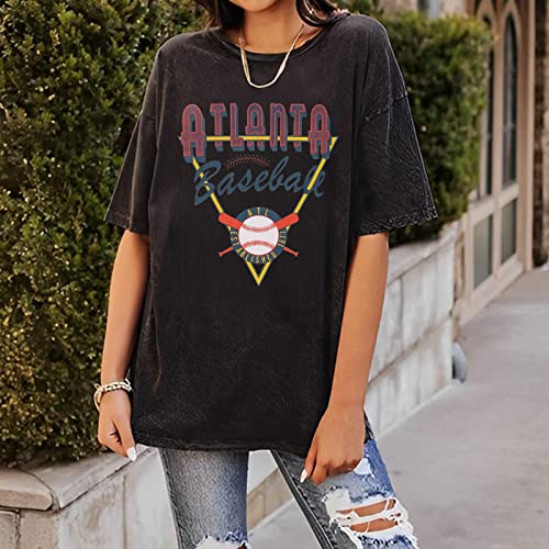 Women Vintage Tshirt Atlanta Baseball Letter Graphic Shirt Short Sleeve Oversized Loose Fit Summer Casual Tees Tops4