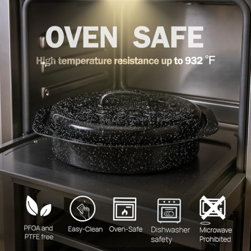image for Granite bowl 13” Enamel Roaster With Lid Oval Roasting Pan For Oven,