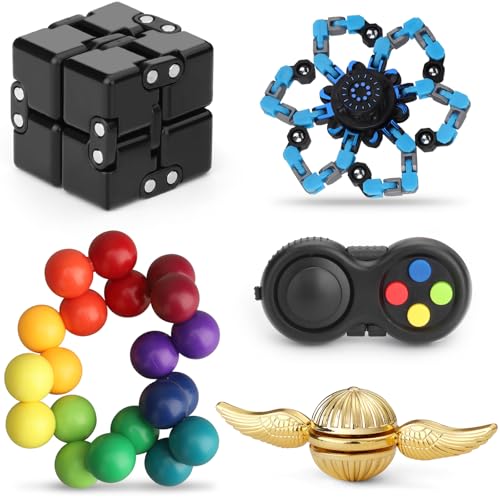 Dilabnda 5 Pack Fidget Toys Party Pack for Kids Adults, Infinity Cube, Pad, Golden Fidget Spinner, Sensory Rainbow Ball Fidget Focus Quiet Executive Desk Toys Set, Classroom Prize Stocking Stuffer