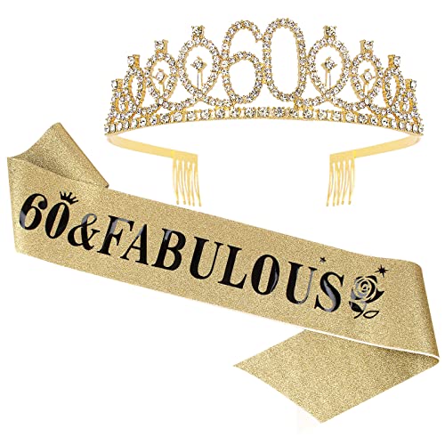 Casoty 60th Birthday Sash and Tiara for Women, Gold...