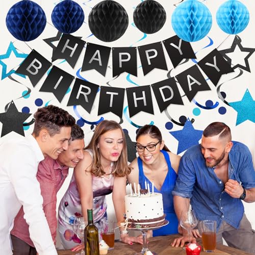 Image of meowtastic Birthday Decorations Happy Birthday Banner with Honeycomb Balls | 16pcs Birthday Set: 1 Banner+6 Honeycomb Balls+8 Star Spirals+1 Circle Dots, Happy Birthday Decor - Black and Blue