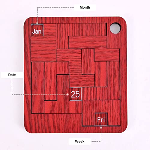 Image of Wooden Daily Puzzle Calendar - 365 Days Brain Burning Jigsaw Puzzle Desk Calendar for 2023 Advent Everyday Logic Challenges Fun Games (S-3.54 * 3.93 in, Red)