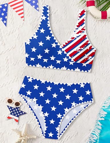 Image of KANGKANG Girls Swimsuit Bikini Set Solid Color V-Neck Two Piece Bathing Suit with Chest Pad Adjustable Straps Swimwear 7-16T
