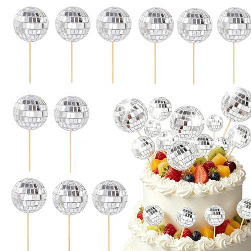 18 PCS Disco Ball Cake Decorations Mini Silver Mirror Cake Toppers Shiny Disco Balls with Wooden Sticks Reusable Party Cake Decor for 70s Theme Birthday Cupcakes Desserts Weddings(Silver)
