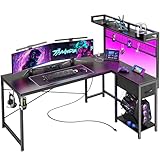 PRAISUN L Shaped Gaming Desk with Shelves, Corner Computer Table with LED Lights, Power Outlets and USB-C Ports, 50 Inch Reversible Home Office Desk with Storage Drawer, for Work and Study, Black
