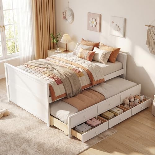 KOMFOTT Wood Full Trundle Bed with 3 Storage Drawers Daybed with Trundle No Box Spring Needed Daybed Frame Trundle Bed with Storage for Kids Teens & Adults Full Size Captains Bed (White)