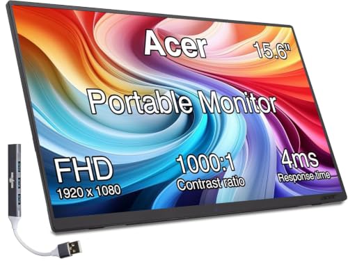 Image of Acer 15.6 inch Portable USB-C IPS Monitor with Tiltable Stand, 4ms Response Time, Anti-Glare, 250 nits Brightness, Built-in Speakers, Mini HDMI & Dockztorm USB Port Expander, Black Color