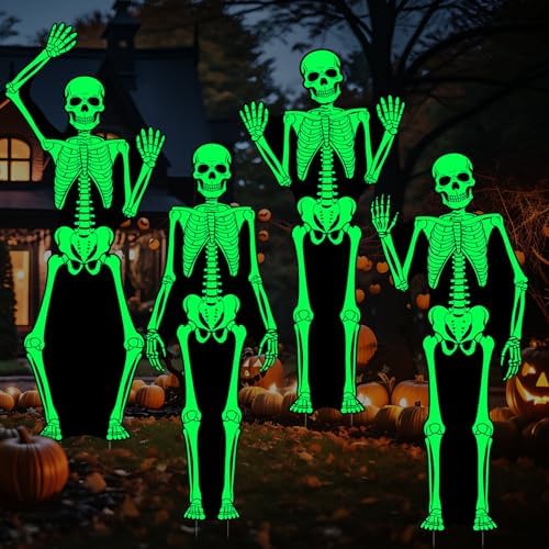 51cjmiFSKOL._AC_ Bucherry 4 Stück im Dunkeln leuchtende Skelette, Halloween-Hofschilder mit Pfählen, leuchten im Dunkeln, Halloween-Dekorationen, leuchtende Skelettpfähle für Hof für Garten, Rasen