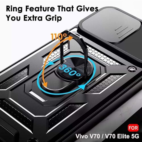 Image of AIBEX Back Cover Compatible for Vivo V70 5G / Vivo V70 Elite 5G | D10 Tough Armor Case | Sliding Camera Shield | 360 Protection | Kickstand Ring Holder | Military-Grade Bumper Case - Black