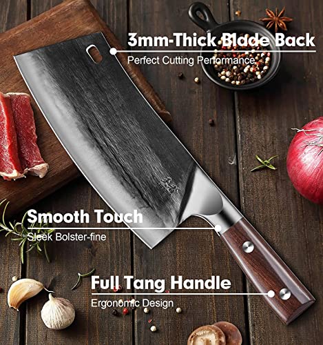 Cleaver Knife, Enoking Meat Cleaver Hand Forged Serbian Chef Knife German High Carbon Stainless Steel Butcher Knife Vegetable Cleaver With Full Tang Handle For Home Kitchen And Restaurant, Ultra Sharp #TOP2
