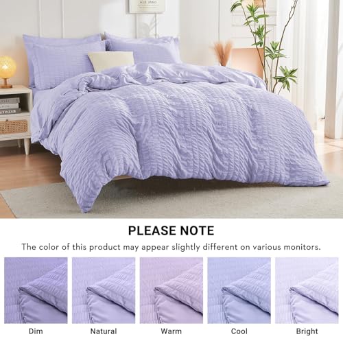 Image of HYMOKEGE Light Purple King Size Comforter Set Seersucker 7 Pieces, All Season Luxury Bed in a Bag for Bedroom, Bedding Set with Comforter, Sheets, Pillowcases & Shams